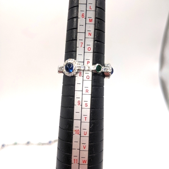 Blue/ Green Gemstone Hoop Earrings, Tennis Bracelet  Ring Matching set S. Silver - Picture 10 of 15